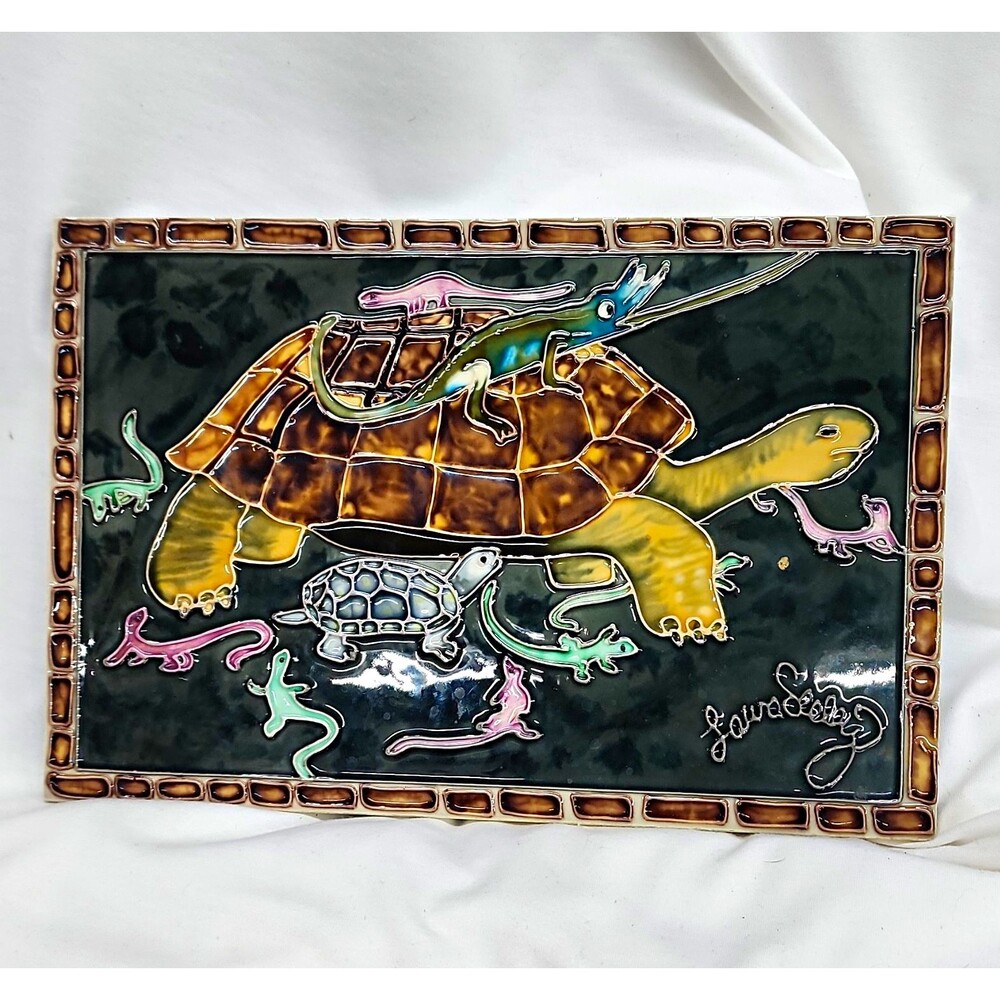 Hand Painted Ceramic Decorative Tile Turtle & Lizards Glossy Rectangle 12x8